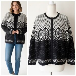 90s Cignal Nordic Fair Isle Zip Cardigan Sweater Black Ivory Hong Kong Made Sz L